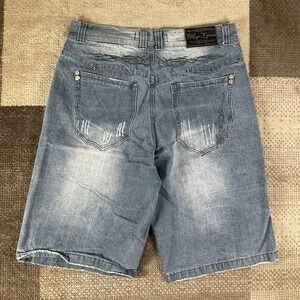 Y2K Brooklyn Express Xpress Baggy Tribal Flame Embroidered Jorts Mens 38 Blue‎